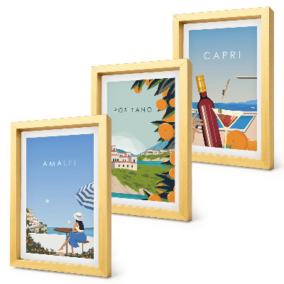 Set van ingelijste schilderijen Vakantieuitzichten op Amalfi, Positano en Capri