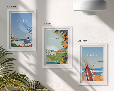 Set van ingelijste schilderijen Vakantieuitzichten op Amalfi, Positano en Capri