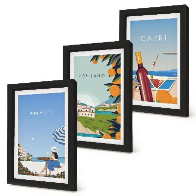 Set van ingelijste schilderijen Vakantieuitzichten op Amalfi, Positano en Capri