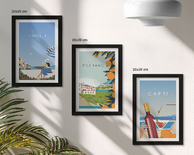 Set van ingelijste schilderijen Vakantieuitzichten op Amalfi, Positano en Capri