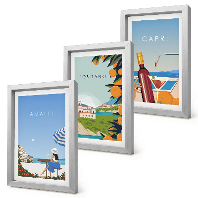 Set van ingelijste schilderijen Vakantieuitzichten op Amalfi, Positano en Capri