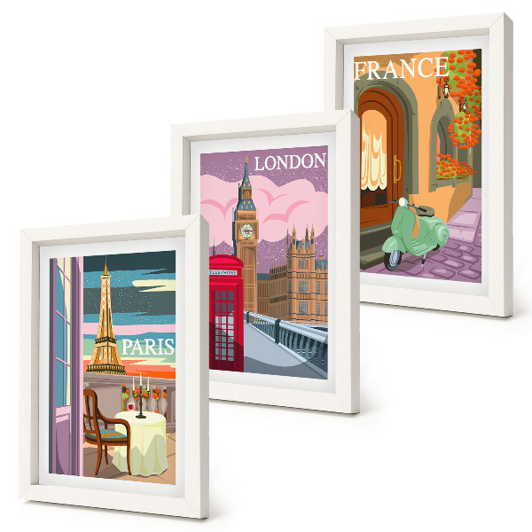 Set van ingelijste schilderijen Retro stadsgezichten van Parijs, Londen en Frankrijk