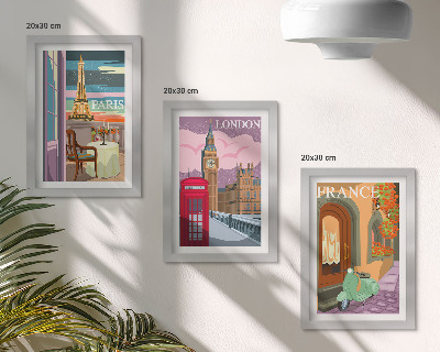 Set van ingelijste schilderijen Retro stadsgezichten van Parijs, Londen en Frankrijk