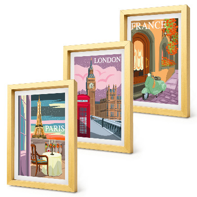Set van ingelijste schilderijen Retro stadsgezichten van Parijs, Londen en Frankrijk