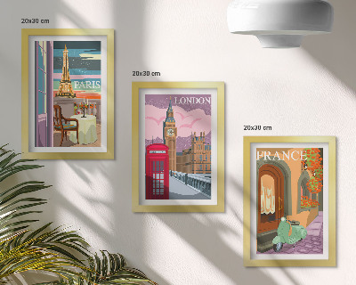 Set van ingelijste schilderijen Retro stadsgezichten van Parijs, Londen en Frankrijk