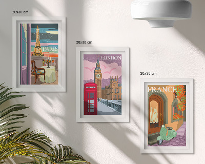 Set van ingelijste schilderijen Retro stadsgezichten van Parijs, Londen en Frankrijk