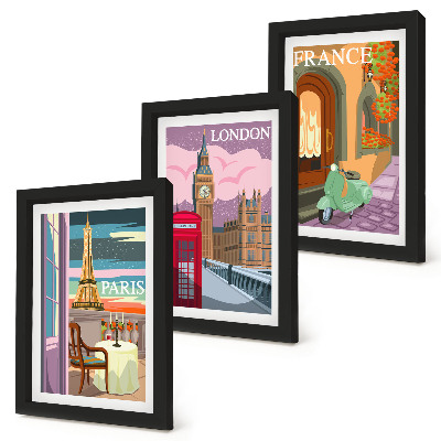 Set van ingelijste schilderijen Retro stadsgezichten van Parijs, Londen en Frankrijk