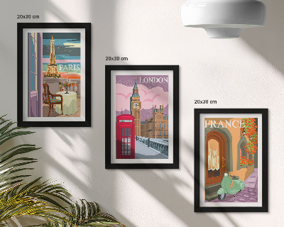 Set van ingelijste schilderijen Retro stadsgezichten van Parijs, Londen en Frankrijk