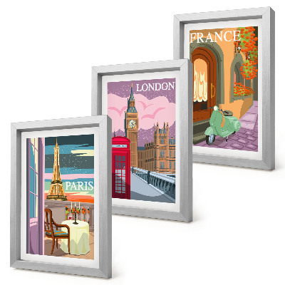 Set van ingelijste schilderijen Retro stadsgezichten van Parijs, Londen en Frankrijk