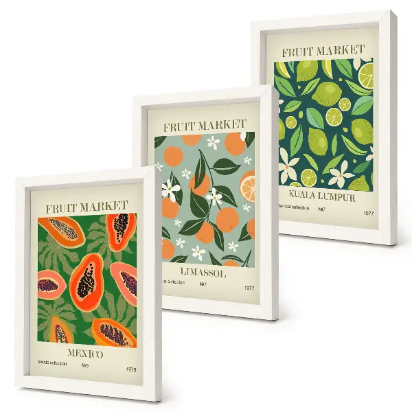 Wanddecoratie met vintage posters met fruitpatronen