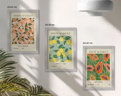 Set ingelijste schilderijen met citrusvruchten en tropische vruchten in retrostijl