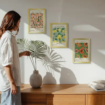 Set ingelijste schilderijen met citrusvruchten en tropische vruchten in retrostijl