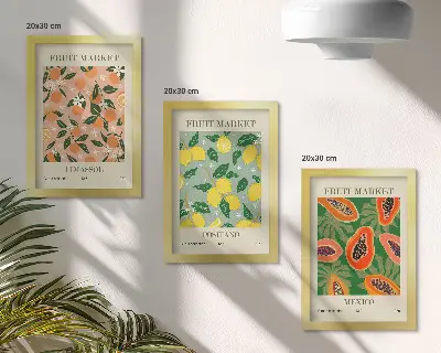 Set ingelijste schilderijen met citrusvruchten en tropische vruchten in retrostijl
