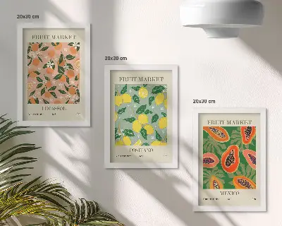 Set ingelijste schilderijen met citrusvruchten en tropische vruchten in retrostijl
