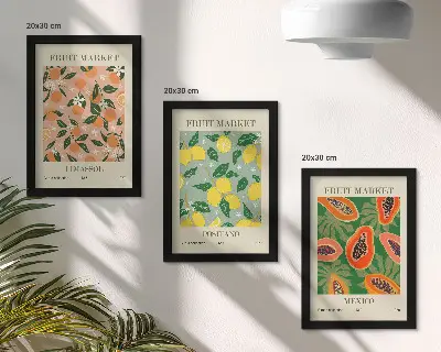 Set ingelijste schilderijen met citrusvruchten en tropische vruchten in retrostijl