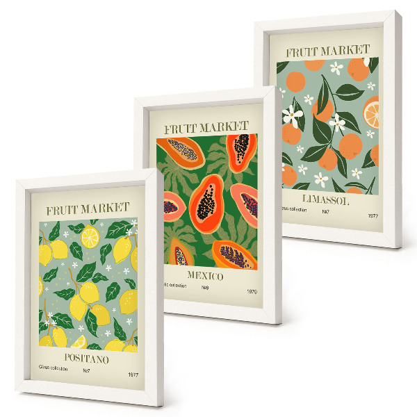 Set van ingelijste schilderijen Fruitposters: citroenen, papaja's, mandarijnen, bloemen