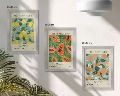 Set van ingelijste schilderijen met fruitmotieven zoals citroenen, papaja's, mandarijnen en bloemen