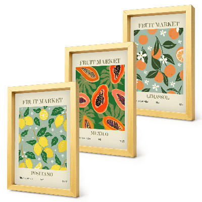 Set van ingelijste schilderijen Fruitposters: citroenen, papaja's, mandarijnen, bloemen