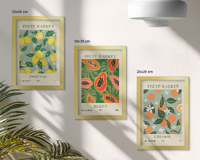 Set van ingelijste schilderijen Fruitposters: citroenen, papaja's, mandarijnen, bloemen