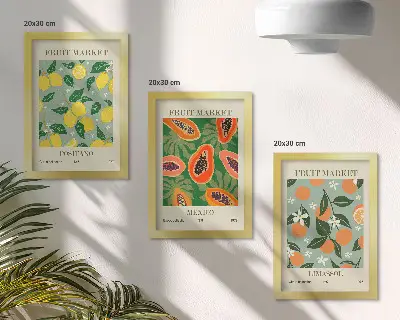 Set van ingelijste schilderijen met fruitmotieven zoals citroenen, papaja's, mandarijnen en bloemen