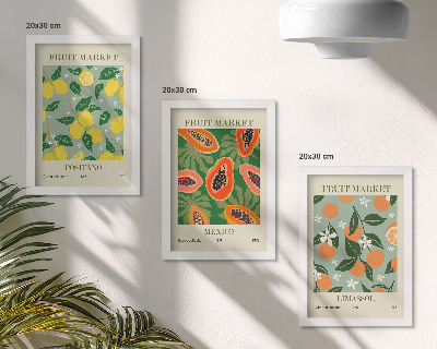 Set van ingelijste schilderijen Fruitposters: citroenen, papaja's, mandarijnen, bloemen
