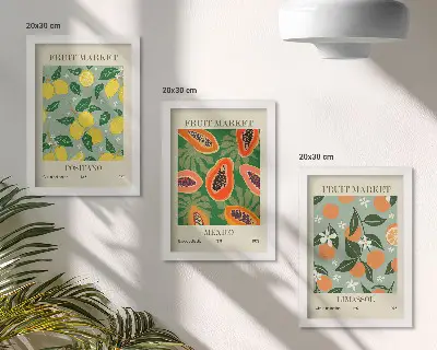 Set van ingelijste schilderijen met fruitmotieven zoals citroenen, papaja's, mandarijnen en bloemen