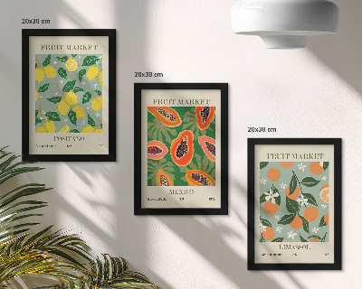 Set van ingelijste schilderijen Fruitposters: citroenen, papaja's, mandarijnen, bloemen
