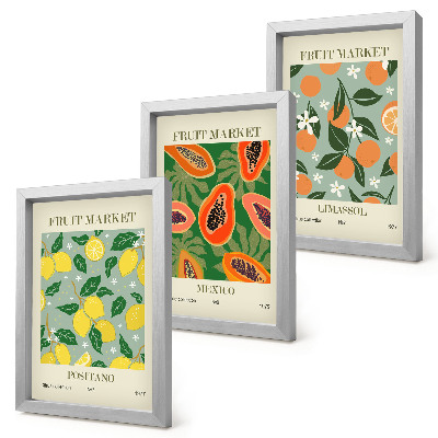Set van ingelijste schilderijen Fruitposters: citroenen, papaja's, mandarijnen, bloemen