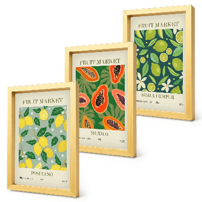 Gallery wall Fruitige patronen van citroenen, papaja's en limoenen.