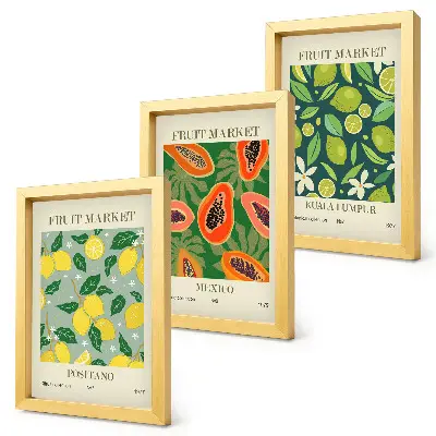 Gallery wall met fruitige patronen van citroenen, papaja's en limoenen