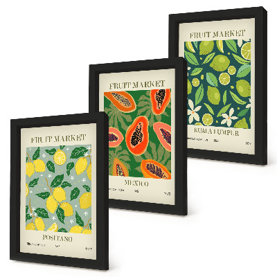Gallery wall Fruitige patronen van citroenen, papaja's en limoenen.