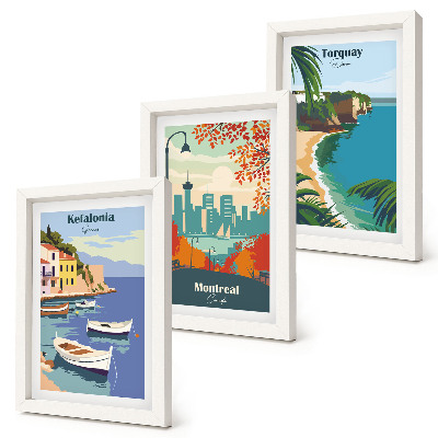 Gallery wall Stadsgezichten en landschappen uit Griekenland, Canada en Australië.