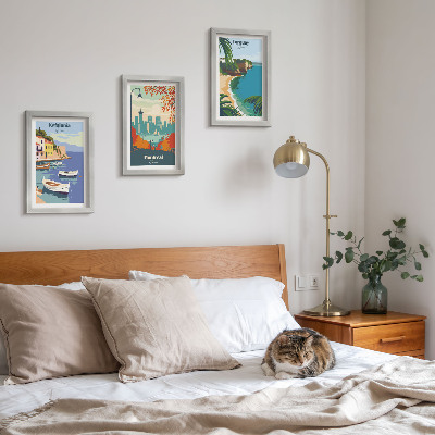 Gallery wall Stadsgezichten en landschappen uit Griekenland, Canada en Australië.