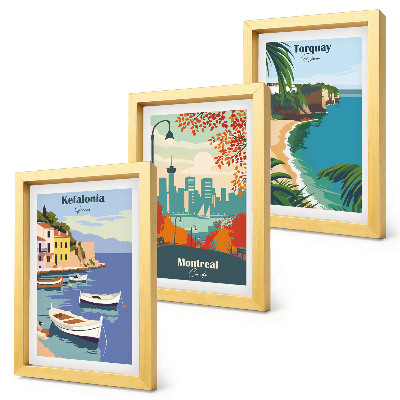 Gallery wall Stadsgezichten en landschappen uit Griekenland, Canada en Australië.