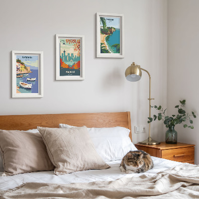 Gallery wall Stadsgezichten en landschappen uit Griekenland, Canada en Australië.