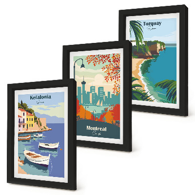 Gallery wall Stadsgezichten en landschappen uit Griekenland, Canada en Australië.