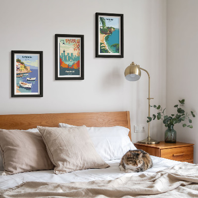 Gallery wall Stadsgezichten en landschappen uit Griekenland, Canada en Australië.