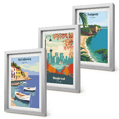 Gallery wall Stadsgezichten en landschappen uit Griekenland, Canada en Australië.