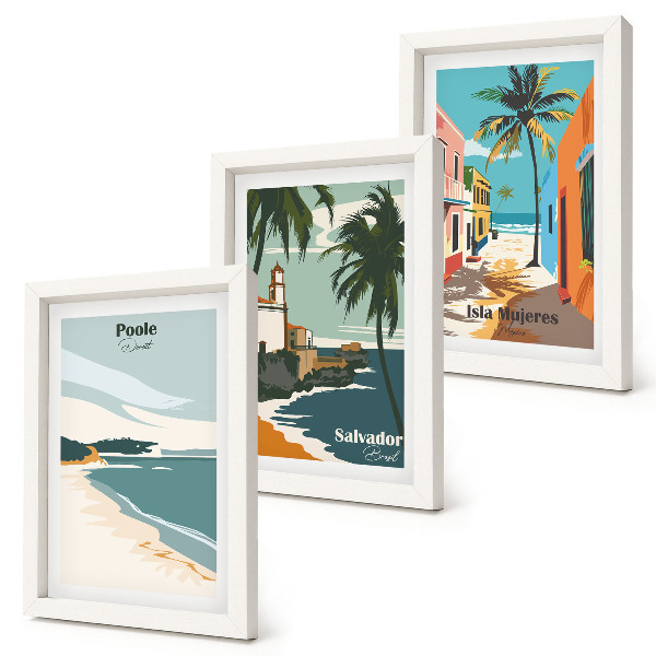 Set van ingelijste schilderijen Tropische landschappen met stranden en palmbomen