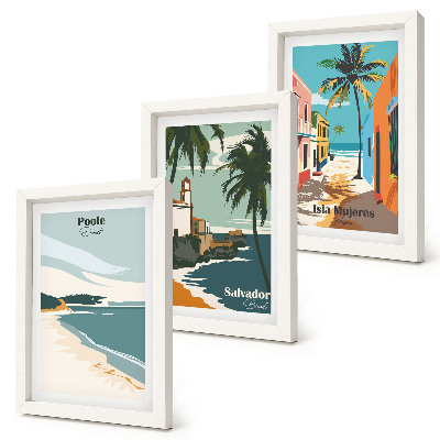 Set van ingelijste schilderijen Tropische landschappen met stranden en palmbomen