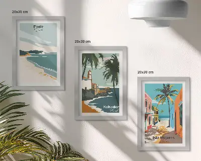 Set van ingelijste schilderijen met tropische landschappen van stranden en palmbomen