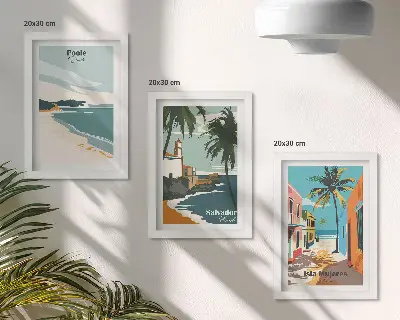 Set van ingelijste schilderijen met tropische landschappen van stranden en palmbomen