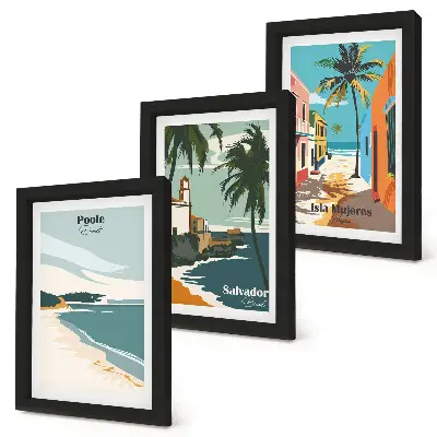 Set van ingelijste schilderijen met tropische landschappen van stranden en palmbomen