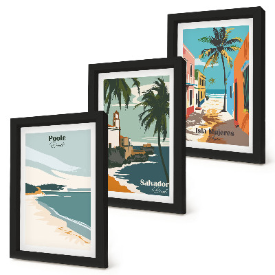 Set van ingelijste schilderijen Tropische landschappen met stranden en palmbomen
