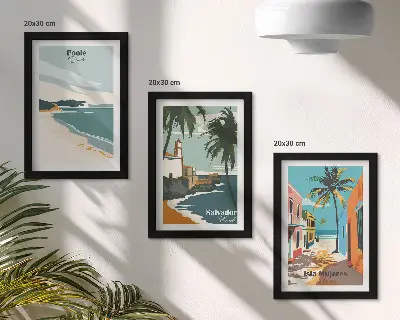 Set van ingelijste schilderijen met tropische landschappen van stranden en palmbomen