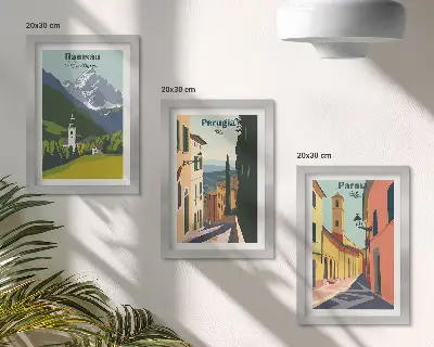 Set ingelijste schilderijen met berglandschappen en Italiaanse stadsgezichten