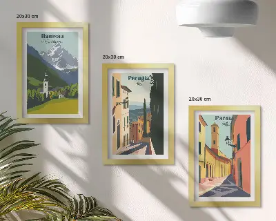Set ingelijste schilderijen met berglandschappen en Italiaanse stadsgezichten