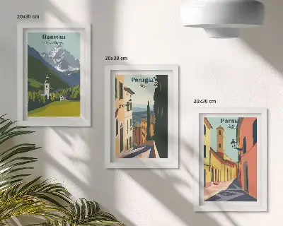 Set ingelijste schilderijen met berglandschappen en Italiaanse stadsgezichten