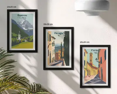 Set ingelijste schilderijen met berglandschappen en Italiaanse stadsgezichten
