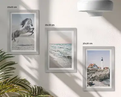 Set ingelijste schilderijen met afbeeldingen van paarden in beweging, een strand, een vuurtoren en watergolven